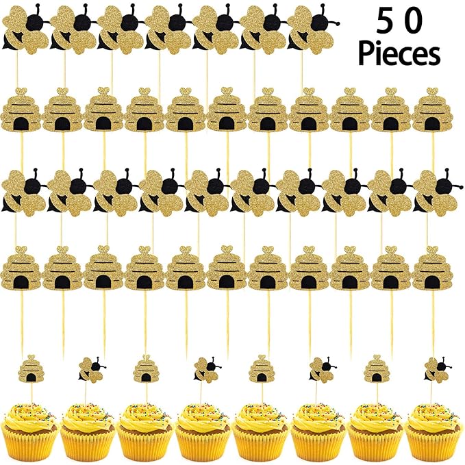 50 Pieces Bee Toothpicks Bulk Bee Cupcake Toppers Glitter Bee Cake Picks Decorations for Birthday Party Favors Supplies