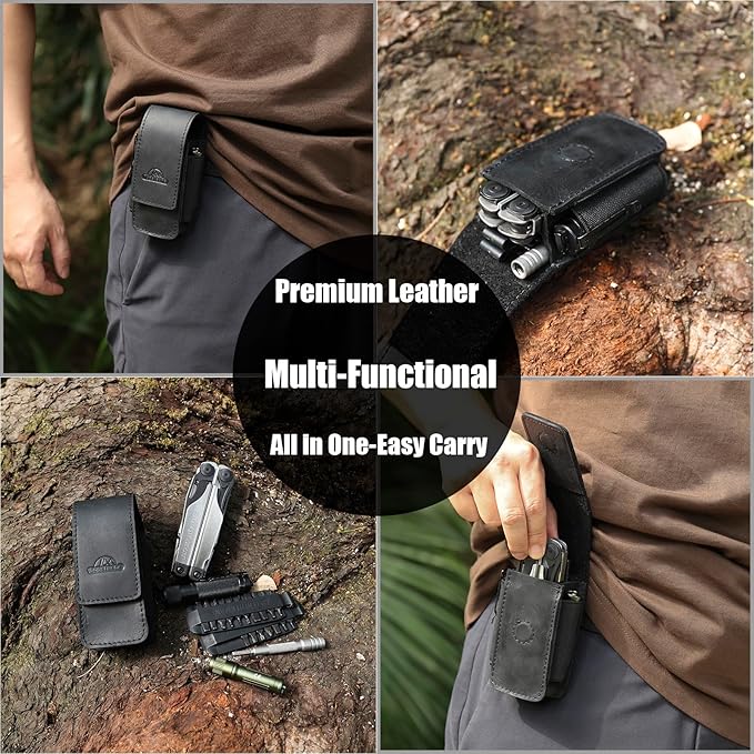 Topstache Multitool Sheath with Belt Clip - EDC Belt Organizer Multi Tool Case - Leather Multitool Holster for Belt - Magnetic Closure Leather Multitool Pouch Fits Folding Tool, Black