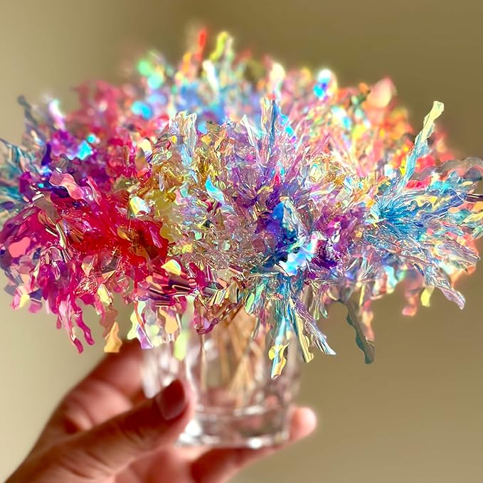 14PCS Foil Firework Cupcake Toppers, 7 Color Happy Birthday Cake Toppers, Sparkle Tinsel Flower Drink Stirrers Cocktail Food Fruit Toothpicks for Cake Decoration Party Supplies