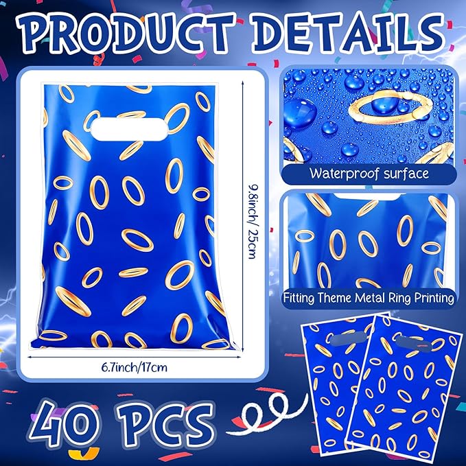Faccito 40 Pcs Video Game Party Favors Bags Blue with Gold Ring Print Themed Goodie Bags Candy Snack Treat Plastic Supplies for Birthday Game Party Decorations Gifts