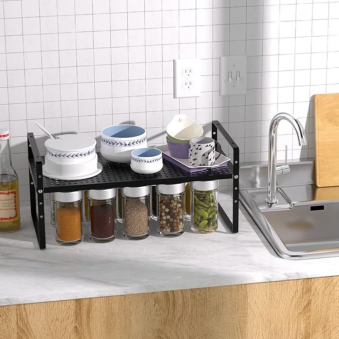 Redrubbit Expandable Cabinet Storage Shelf, Adjustable Height Steel Metal Kitchen Counter Organizers Shelves Spice Rack for Kitchen Pantry Bathroom Cupboard Desk Home Office, Black-1 Pack