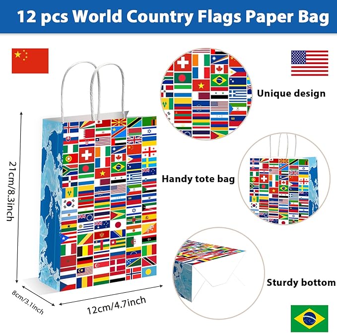 gisgfim 12 Pieces World Country Flags Party Favor Bags International Birthday Goodie Candy Treat Paper Bags Travel Trip Around The World Party Supplies Decorations for Baby Shower Birthday Gifts