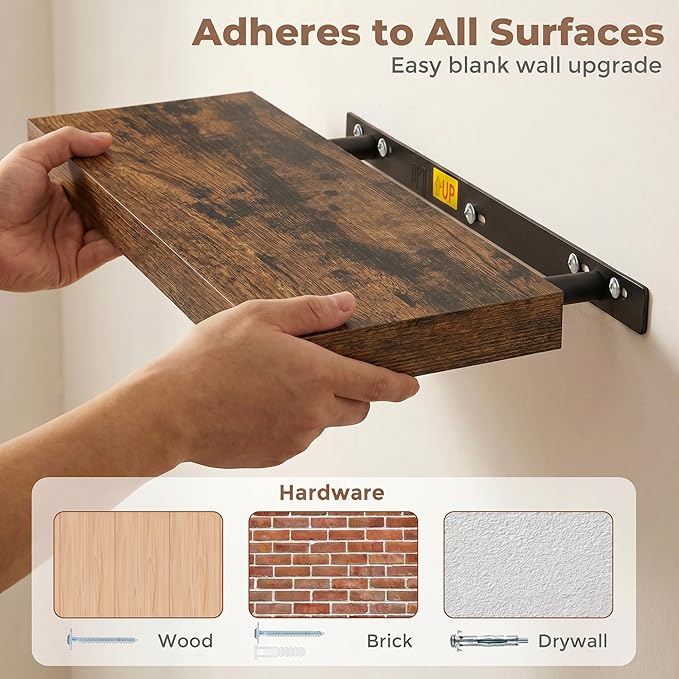 Venusmiles Floating Shelves for Wall, 24 Inch Floating Shelves Set of 2, 6.5" D Wooden Wall Mounted Display Shelves with Invisible Brackets for Living Room, Bedroom, Bathroom, Kitchen Decor, Brown