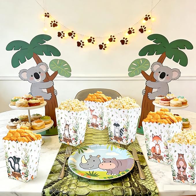 LaVenty 12 PCS Woodland Animals Forest Popcorn Boxes Favor Treat Candy Goodies Bags for Bear Fox Deer Birthday Party Supplies