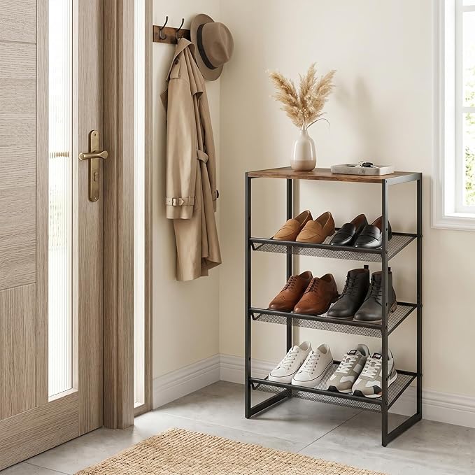 Shoe Rack，4 Tier Shoe Storage Organizer，Sturdy Shoe Shelf,Boot Rack with a Fine Mesh Shelves，for Entryway, Living Room, Hallway，Small Space,11.8 x 16.5 x 27.9 Inches,Brown