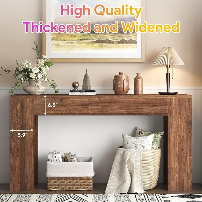 knoworld 63-Inch Long Console Table with LED Light, Farmhouse Sofa Table Behind Couch, Wooden Console Table for Entryway Hallway Entrance Living Room, Brown