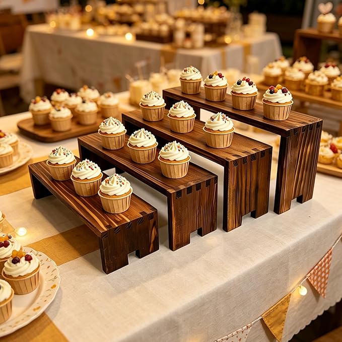Yikaroeli 2 Set Large Cupcake Stands Wood Cake Stand Wooden Display Risers Wood Riser Dessert Table Display Set Farmhouse Decor,4Tiered 8Pcs Food Risers for Party
