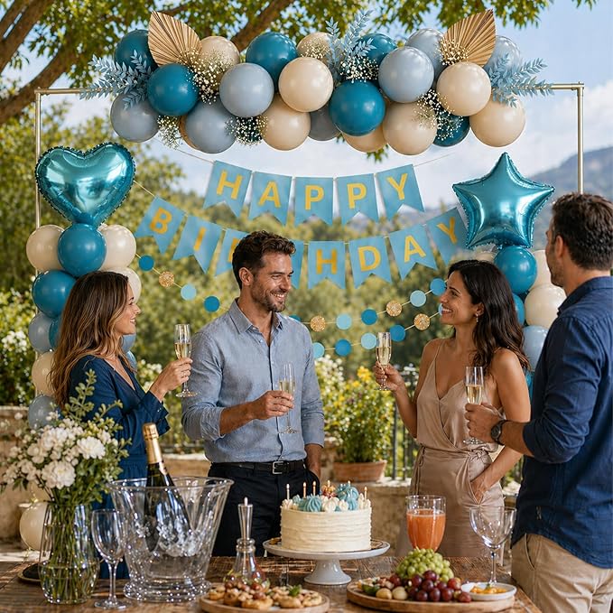 Blue Birthday Party Decorations for Boys Men Dusty Blue Sand White Balloon Set with Star Heart Foil Balloons Happy Birthday Bunting Banner Garland Navy Light Cream Beige Party Decor Kit Baby Girls