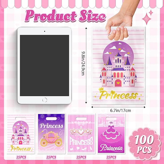 Nuesaurd 100Pcs Princess Party Favor Bags, Plastic Princess Goodie Gift Bags,4 Styles Pink 9.8"x6.7" Castle Candy Treat Bags for Kids Birthday Party Baby Shower Wedding Decorations