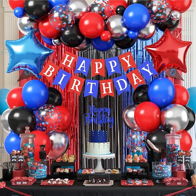 Birthday Decorations for Boys, Red Blue Black Metallic Silver Confetti Latex Foil Balloon Spider Web Party Decoration Happy Birthday Banner Fringe Curtain for Kid Baby Shower Hero Theme Party Supplies