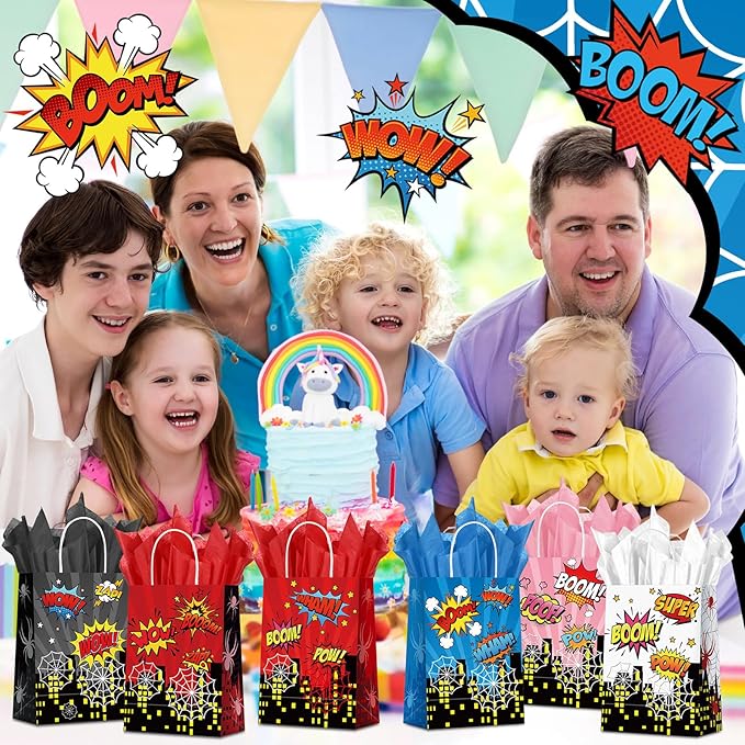 Epakh 24 Pack Hero Party Favors Bags with Tissue Paper and Handle Recyclable Treat Cookie Candy Gift Bag Comic Hero Decorations Boom Theme Birthday Decorations Supplies