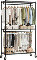 Heavy Duty Rolling Garment Rack, 3 Tier Adjustable Wire Shelving Clothing Racks with Adjustable Shelves and Double Rods for Hanging Clothes, Black Metal Freestanding Closet Organizer