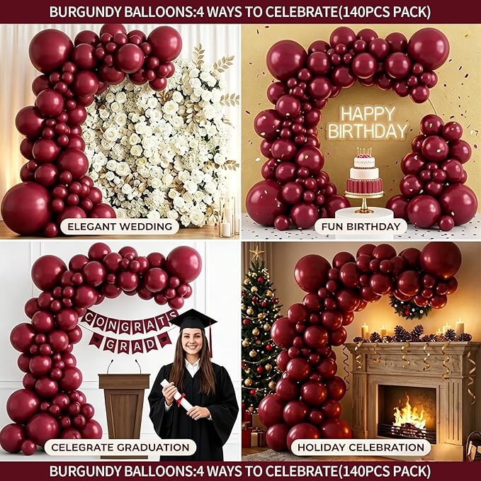 140pcs Burgundy Balloon Garland Arch Kit, 18/12/10/5 Inch Dark Red Maroon Balloons for Mother's Day, Graduation 2026, Wedding, Baby Shower, Birthday Party Decorations