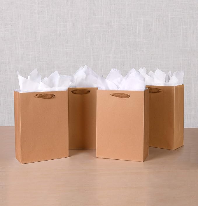SHIPKEY 10pcs Kraft Paper Bags 8x4x11 Inches, Brown With Tissue Paper, Shopping, Retail, Gift With Soft Cloth Handles
