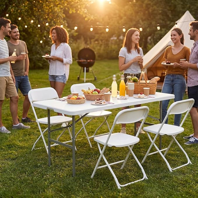 DUMOS 3.8 FT Folding Picnic Table Easy to Fold and Store, Foldable Table for Camping Picnic Dining Party Kitchen Outdoor Indoor with Carrying Handle