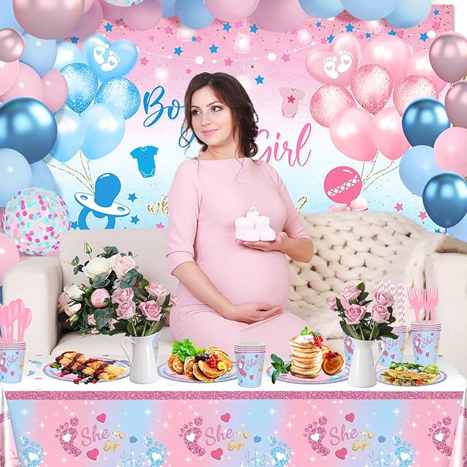 Gender Reveal Decorations 258 PCS Boy or Girl What Will Baby Be Banner He or She Plates Napkins Cups Tablecloth Pink Blue Baby Reveal Balloons Set Gender Reveal Party Supplies Serve 24