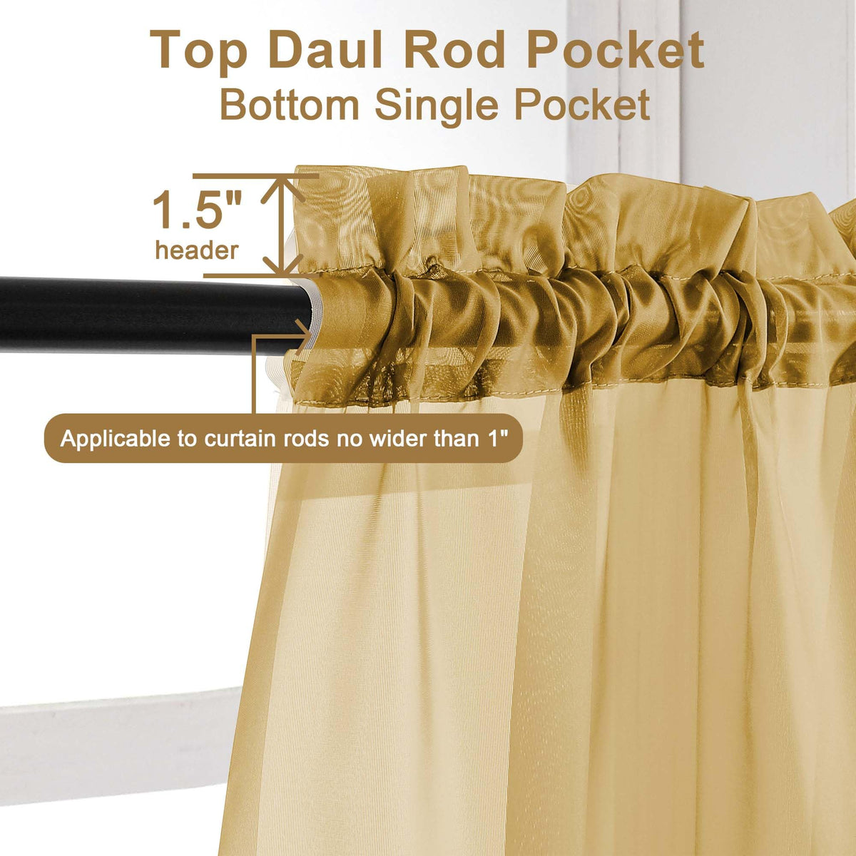 Gold Sheer Curtains 84 inches Long 2 Panels Set (2 Count)