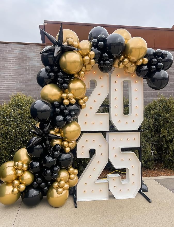Black and Gold Balloon Arch Garland Kit - 130Pcs Black Gold Graduation Balloons with Glitter Confetti Balloons, Explosion Star Foil Balloon for Graduation Birthday Wedding Party Decorations