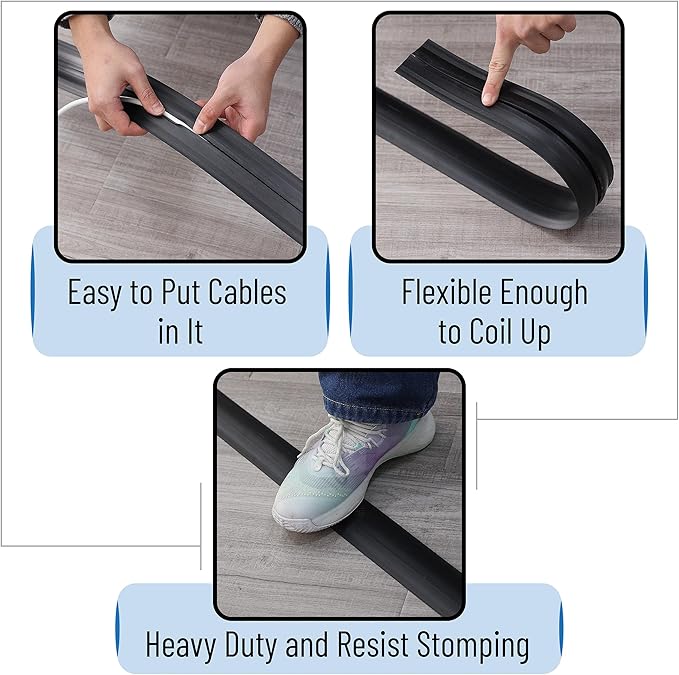 Bates- Floor Cord Cover, 30ft, Cable Cavity 0.6" (W) x 0.31" (H), Heavy Duty Wire Protector, PVC Extension Cords Hider, Protect Cords, Prevent Cable Trips, Cord Hider for Office, Home, Outdoor