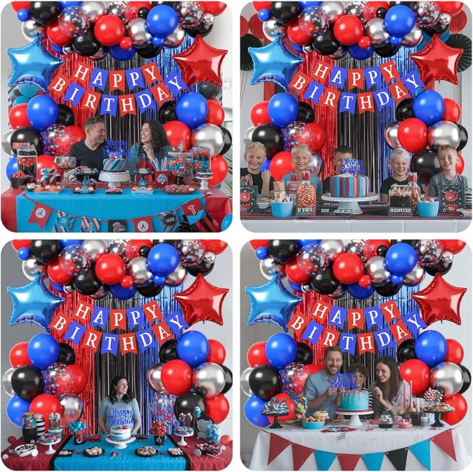 Birthday Decorations for Boys, Red Blue Black Metallic Silver Confetti Latex Foil Balloon Spider Web Party Decoration Happy Birthday Banner Fringe Curtain for Kid Baby Shower Hero Theme Party Supplies