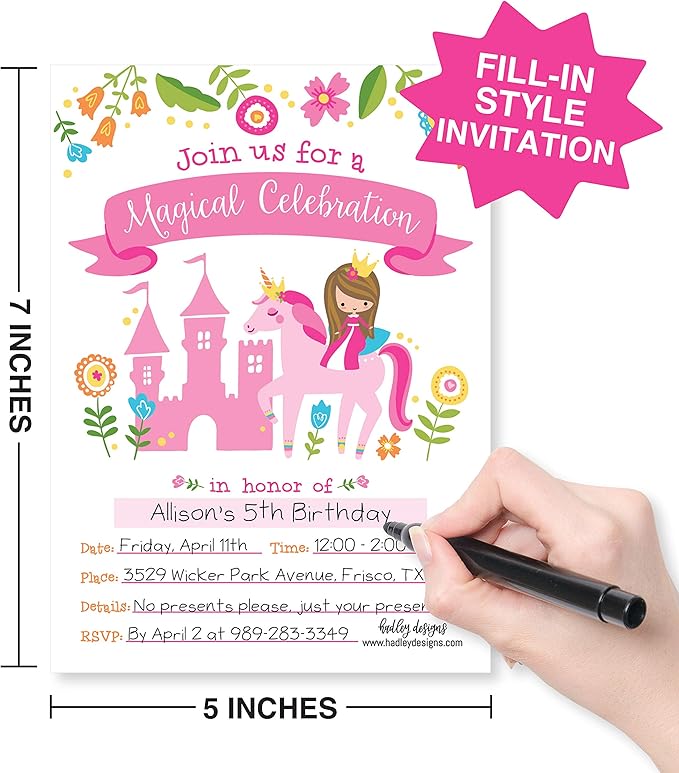 Hadley Designs Kids Birthday Invitations Girl Unicorn Theme - 25 Royal Birthday Party Invitations For Girls, Princess Invites For Girls, Cute Fairytale Party Supplies, Made in USA
