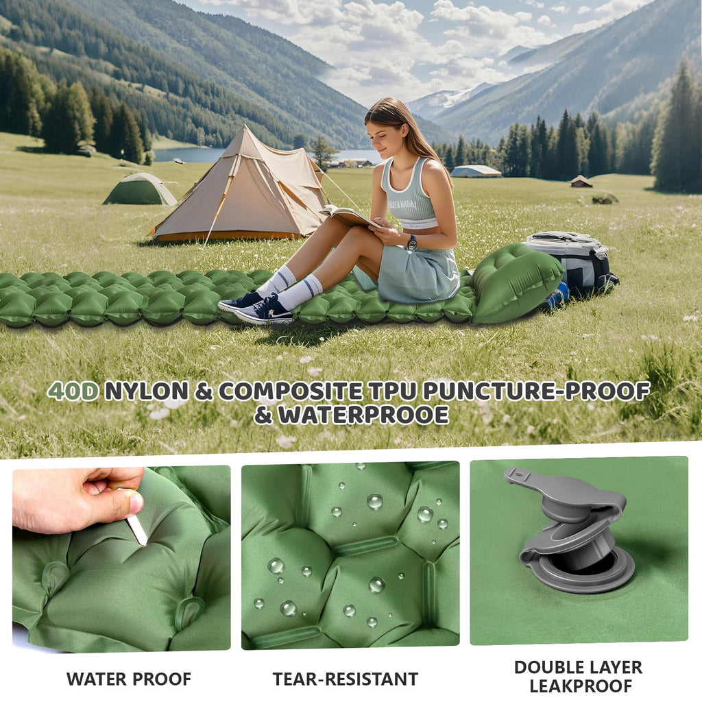 Yewkoisl Sleeping Pad,Inflatable Camping Mat with Pillow & Foot Pump-Green