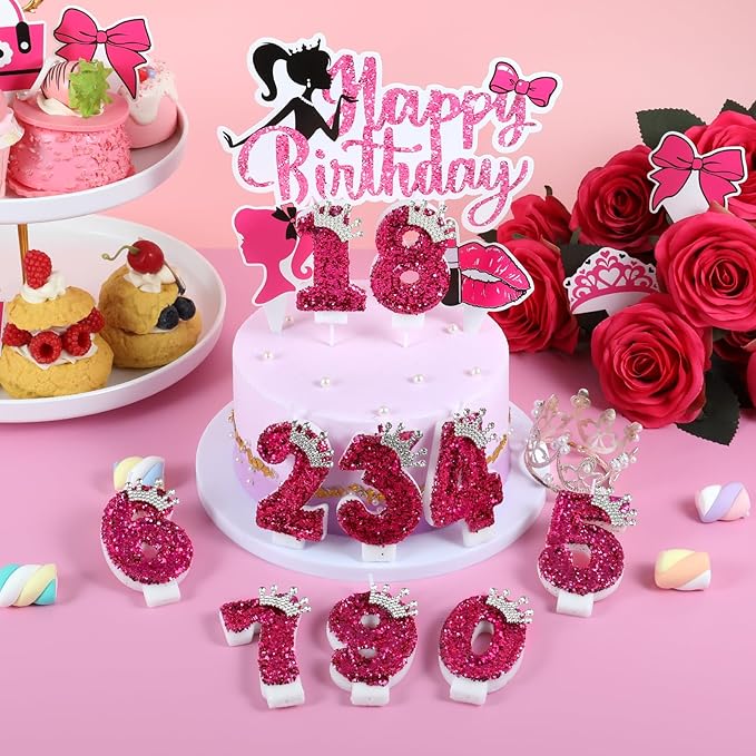 AKURIEEY Hot Pink Birthday Candles Crown Number 6 Candle Birthday Party Decorations Cake Topper Cupcake Decor for Anniversary Celebrations Supplies