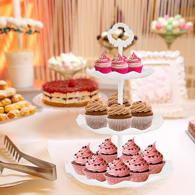 6 Pcs Cupcake Stand White Dessert Table Display Set 2 Pcs 3 Tier Plastic Cake Stand Holder 4 Pcs Dessert Serving Tray Cookie Platter Rack Tower for Tea Party Wedding Baby Shower