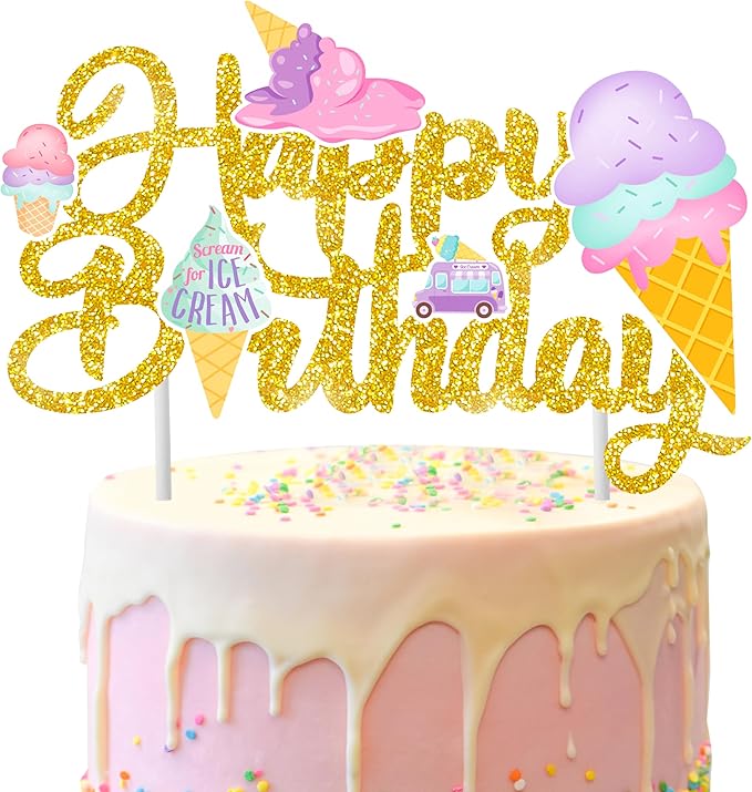 Birthday Cake Topper Decorations - Glitter Summer Ice Cream Party Decorations - Colorful Ice Cream Themed Kids Birthday Party & Baby Shower Supplies