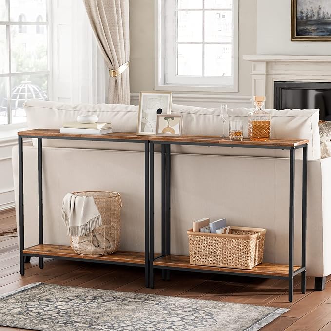 HOOBRO 29.5" L Narrow Console Table, Sofa Table Behind Couch with 2-Tier Storage Display Shelves, 8.7" D Small Entryway Table for Hallway, Foyer, Living Room, Bedroom, Rustic Brown and Black BF22XG01