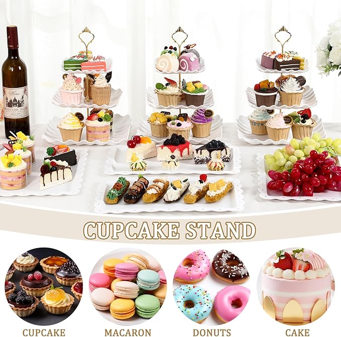 9 Pcs Cake Stand Plastic Dessert Table Display Set, 3 Pcs 3-tier Cupcake Stand Tower Holder and 6 Serving Tray for Tea Party Baby Shower Decorations