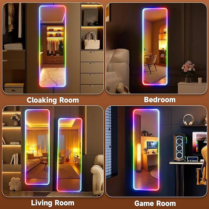 Hasipu 55"x15.7" LED RGB Door Mirror Full Length, Full Body Full Length Over The Door Mirror with Lights, Door Hanging & Wall Mounted Mirror for Bedroom, Living Room, Cloakroom