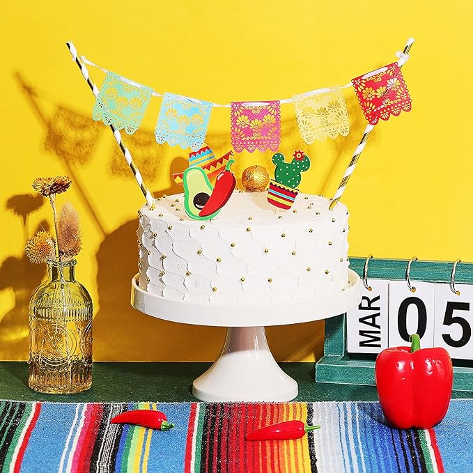 Outus 43 Pcs Fiesta Cupcake Topper and Picado Banner for Fiesta Party Decorations Mexican Theme Cake Decorations for Mexican Themed Cactus Donkey Taco Pepper Sombrero Mustache Party