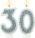 30 Birthday Number Candle for Cake, Glitter Number Candle with Silver Beads, Decorative Cake Topper for Milestone Celebrations