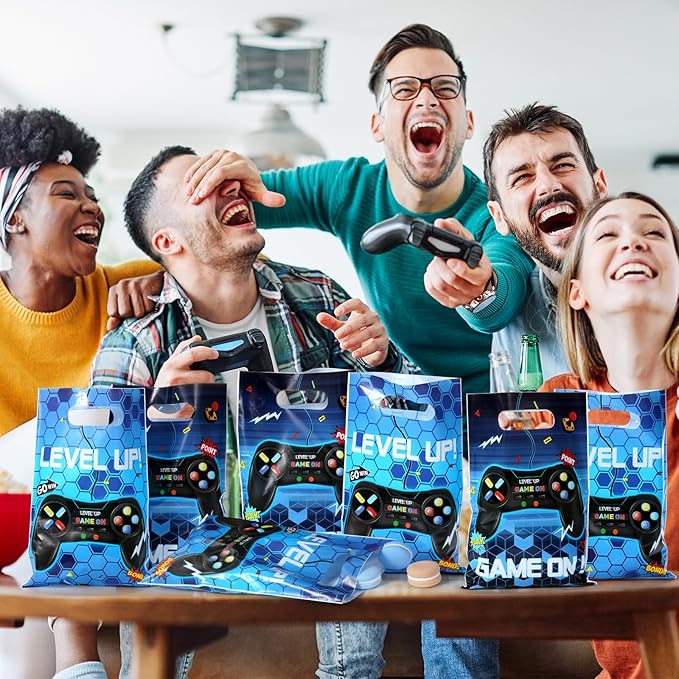 Pajean 50 Pcs Video Game Party Pouch Game on Party Favor Bags Goodie Gift Plastic Treat Candy Pouch Bulk with Handle for Kids Boy Birthday Baby Shower Supplies(Blue)