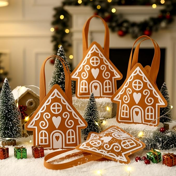 SilTriangle 24 Pcs Christmas Non-woven Gingerbread Bag Party Gift Gingerbread House Shaped Favors with Handles Tote Treat Goodie Candy Bags for Xmas Theme Party Reusable Supplies