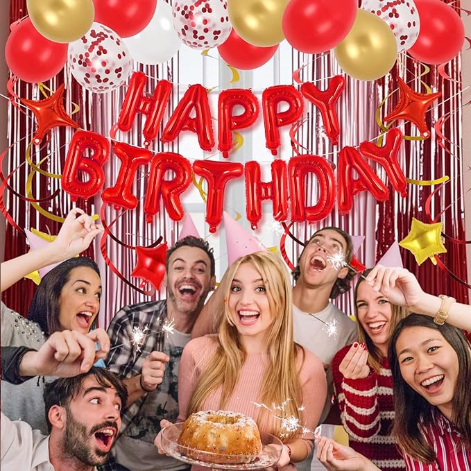 55 Pcs Happy Birthday Balloons Letters Banner with 35 Pcs Star Foil Balloon, 20 Pcs Latex Balloons, 6 Hanging Swirls for Women Men Boys Girls Birthday Party Decorations Set ﻿ (Red)