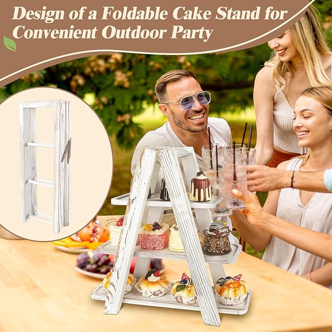 Wisreach Wooden 3 Tier Cupcake Stand with Swing and Flower Decoration Serving Removable Tray Display Serving Ladder Foldable Stand with Serving Platter Tray Party Food Display Set for Cake Snack Fruit Chips Bread Centerpieces Catering