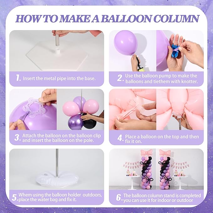 Pink and Purple Black Balloon Column Stand Arch Kit Set of 2 with 140PCS Pink Purple Black and Bows Balloons for Girls Women Baby Shower Princess Birthday Party Supplies