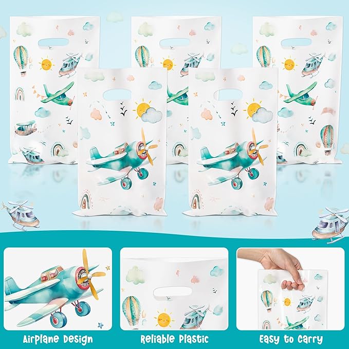 Airplane Party Favor Bags - 50Pcs Plastic Snack Candy Treat Gift Bag with Handles Cute Boho Airplane Themed Party Supplies Decor for Baby Shower Kids Birthday