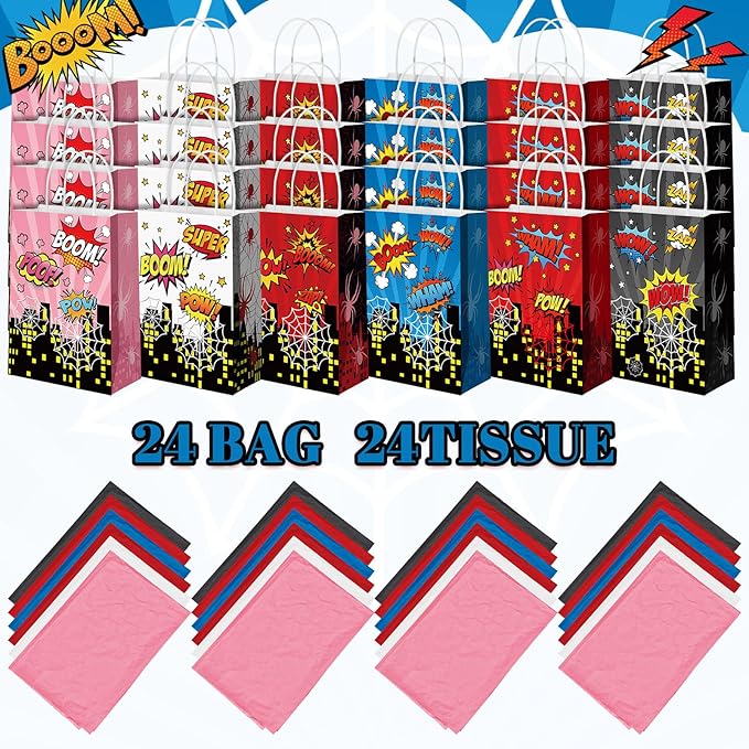 Epakh 24 Pack Hero Party Favors Bags with Tissue Paper and Handle Recyclable Treat Cookie Candy Gift Bag Comic Hero Decorations Boom Theme Birthday Decorations Supplies