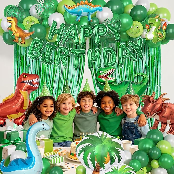 Dinosaur Birthday Party Decorations Supplies, 123Pcs Dinosaur Dark Lime Green White Balloons Garland Arch Kit Happy Birthday Dino Foil Balloon Curtain for Kids Boys Dino Jungle Safari Baby Shower