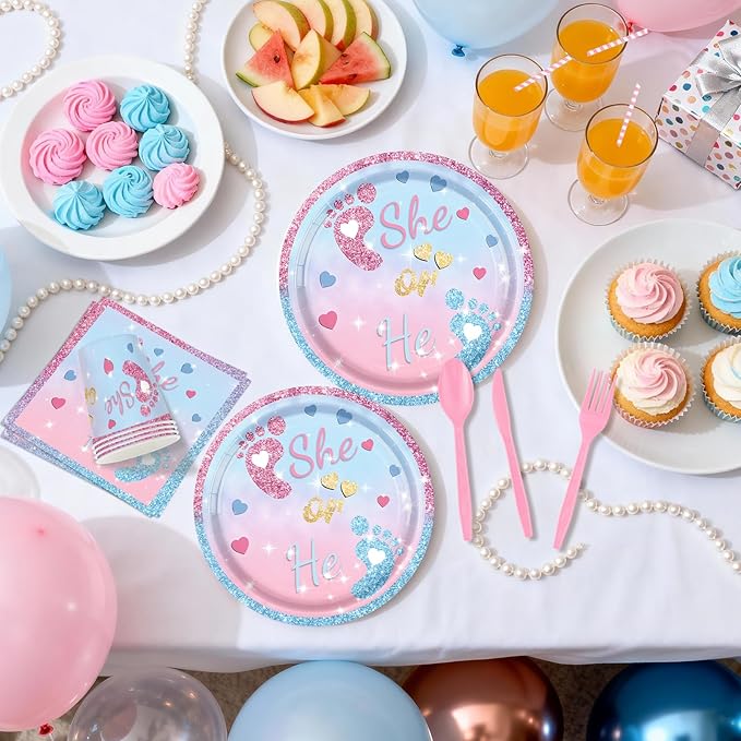 Gender Reveal Decorations 258 PCS Boy or Girl What Will Baby Be Banner He or She Plates Napkins Cups Tablecloth Pink Blue Baby Reveal Balloons Set Gender Reveal Party Supplies Serve 24