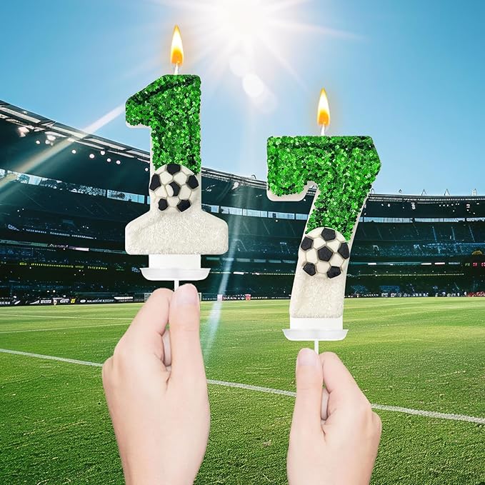 Birthday Candles，Soccer Birthday Decorations，Soccer Cake Topper,for Girl and boy Cake Toppers, Wedding Cakes, Anniversaries, Party Celebrations, Birthday Decorations (Green White, Number 7)