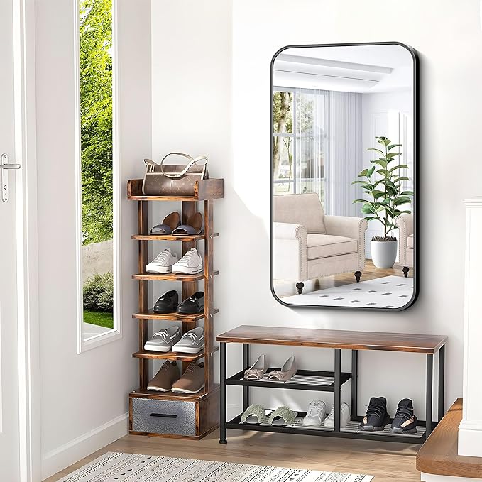 BONEWEI 24x40 inch Bathroom Mirror,Black Rectangle Mirror,Wall Mounted Bathroom Frame Vanity Mirror with Round Corner for Bedroom Living Room,Entryway Hangs Horizontal or Vertical