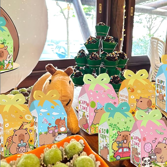 12 PCS Capy Party Favor Boxes Capy Goodie Gift Treat Boxes Capy Birthday Party Bow Boxes for Capy Party Supplies