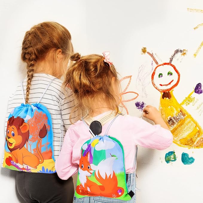 Gerrii 32 Pieces Jungle Animal Drawstring Bags Cartoon Animal Birthday Party Supplies Safari Wildlife Candy Goodie Treat Bags Safari Party Favors Gift for Kids Birthday Boy Girl Holiday Baby Shower