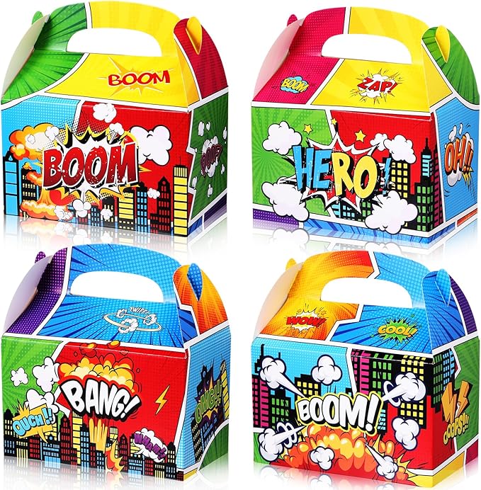 Gueevin 24 Pcs Hero Party Favors Boxes Hero Birthday Goodie Candy Snack Bags Gable Paper Gift Boxes with Handles for Birthday Baby Shower Party Supplies Decorations