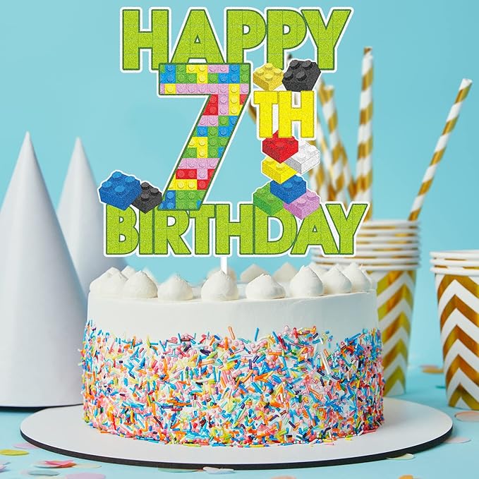 Happy 7th Birthday Building Block Cake Topper - Puzzle Games 7th Birthday Party Green Cake Topper Supplies - Building Block Party Decoration For Adult
