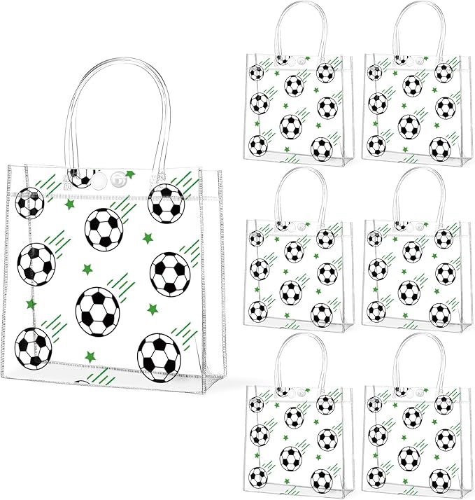 24Pcs Soccer Clear PVC Gift Bags With Handles Bulk 8 x 8 x 3 In Sport Theme Goodie Treat Candy Bags Soccer Team Present Wrap Tote Bag for Boys Birthday Party Favor Baby Shower Decorations Supplies